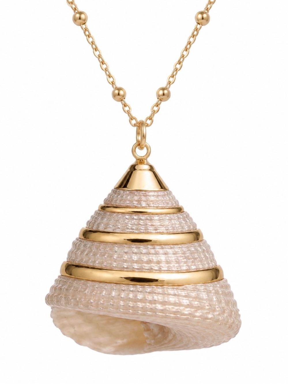 “Trochus” Troca Cone Snail Pearlescent Spiral Gold Dipped Shell Mermaid Necklace - Picture 2 of 6